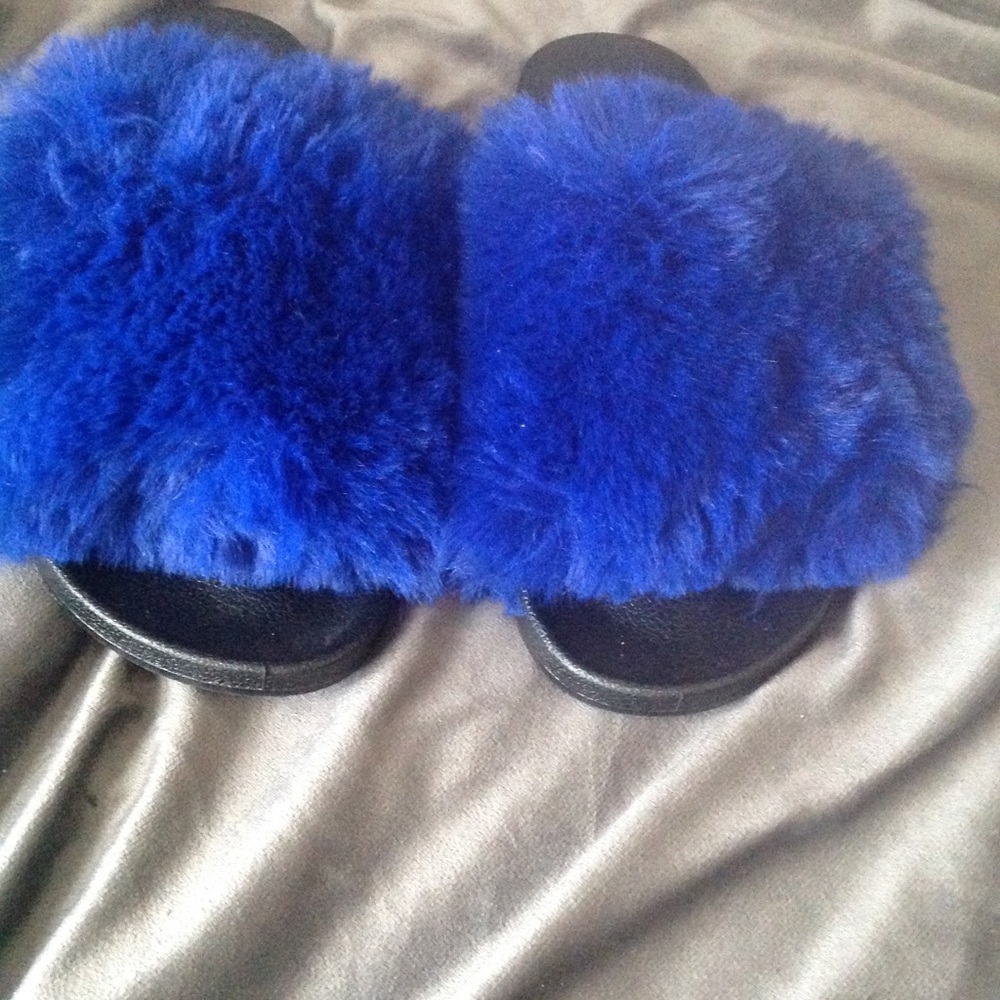 Royal Blue Fur Slides